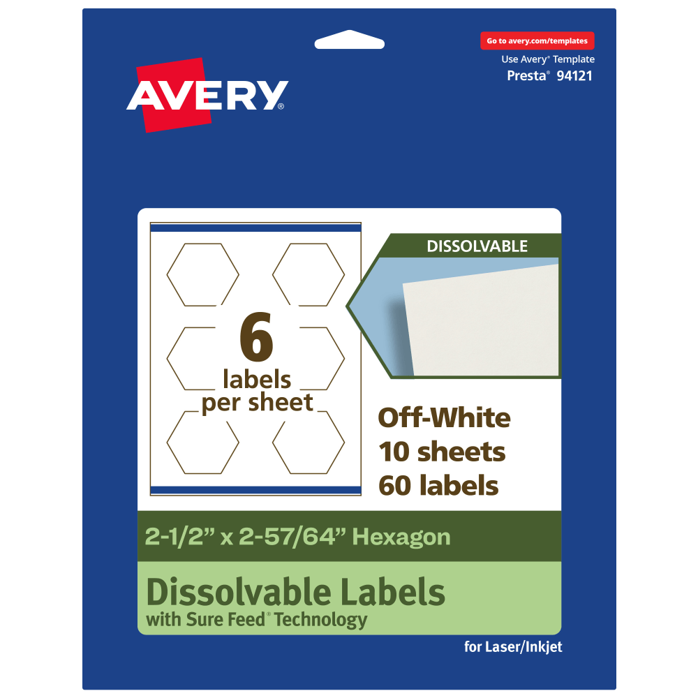 Avery Print-to-the-Edge Dissolvable Labels With Sure Feed Technology, 94121-DWMP10, Hexagon, 2-1/2inx2-57/64in, Matte Off-White, Pack Of 60