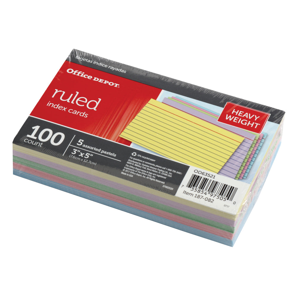 Office Depot Brand Heavy-Weight Index Cards, 3in x 5in, Ruled, Assorted Rainbow, 100 Cards Per Pack