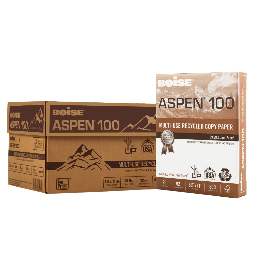 Boise ASPEN 100 Multi-Use Printer & Copy Paper, 10 Reams, White, Letter Size, 200000 Sheets Per Pallet, 20 Lb, 92 Brightness - 054922-519SKD