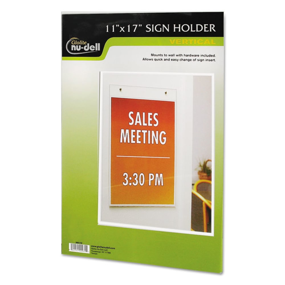 Nu-Dell Vertical Wall Sign Holder, 11inW x 17inH, Rectangular Shape, Pre-drilled, Acrylic, Clear