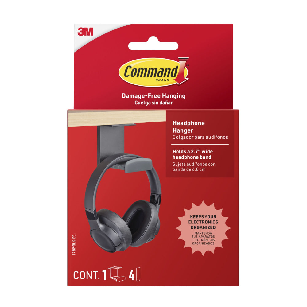 Command Headphone Hanger, 1 Black Hook, 4 Large Strips, Great for Damage-Free Desk Organization with Headphones