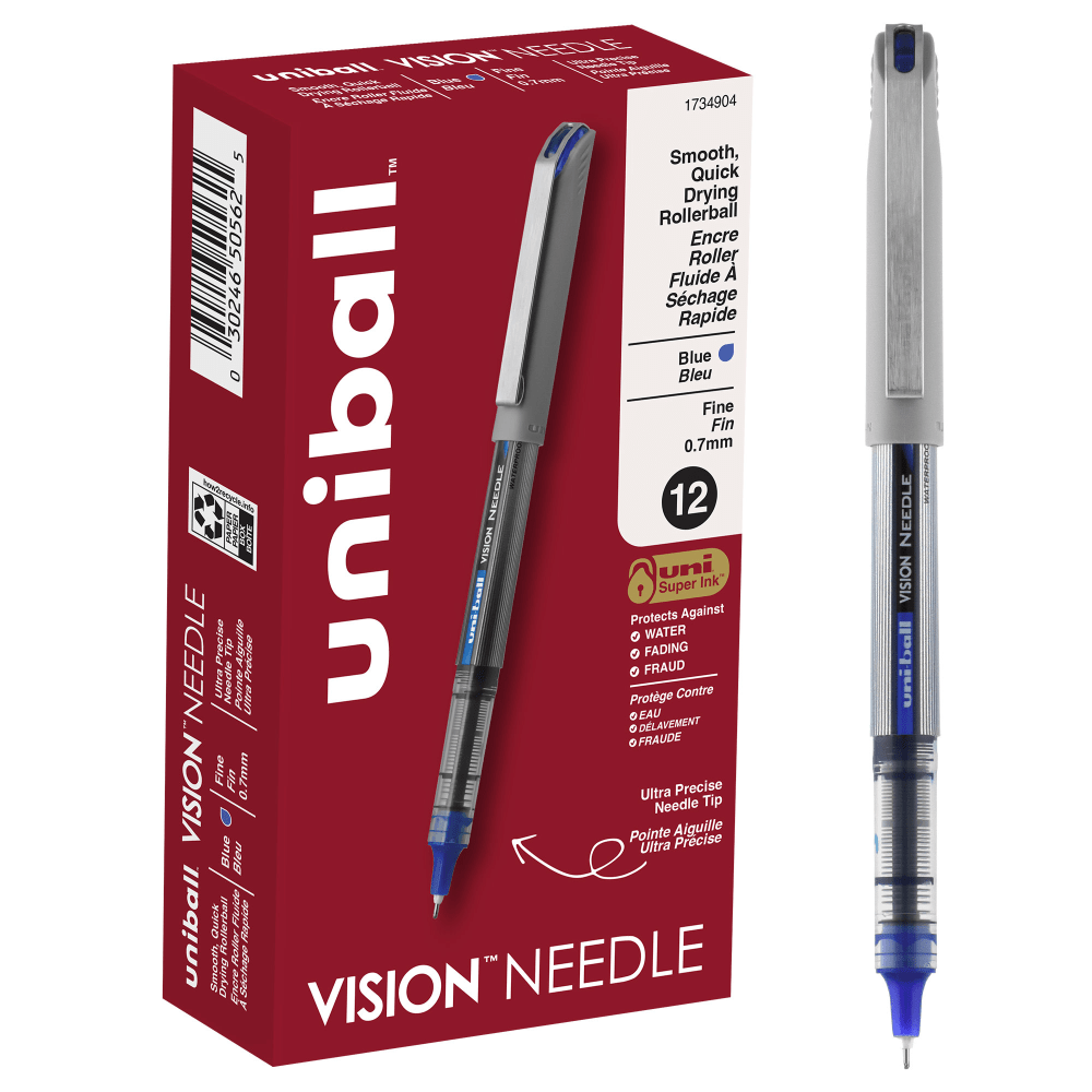 uni-ball Vision Needle Liquid Ink Rollerball Pens, Fine Point, 0.7 mm, Gray Barrel, Blue Ink, Pack Of 12