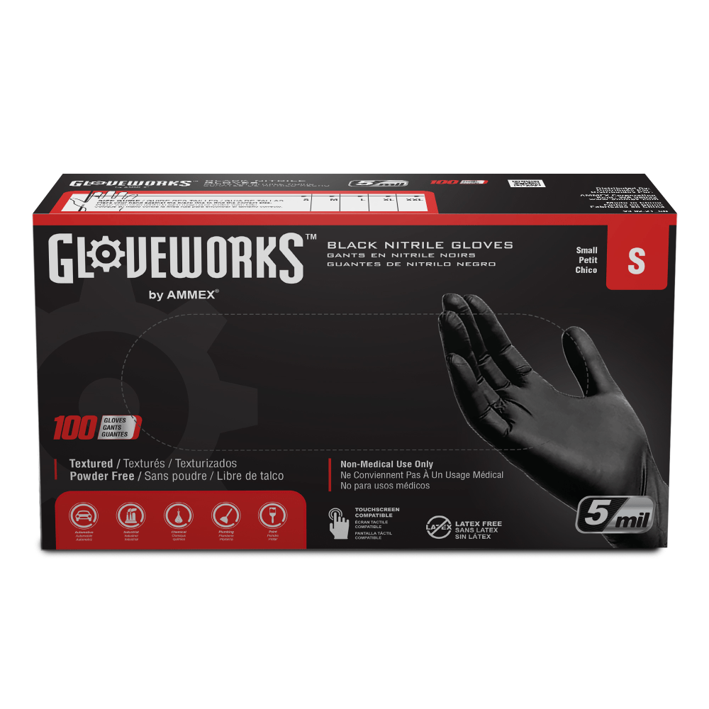 Gloveworks Black Nitrile Industrial Powder-Free Disposable Gloves, Small, Black, Box of 100 Gloves