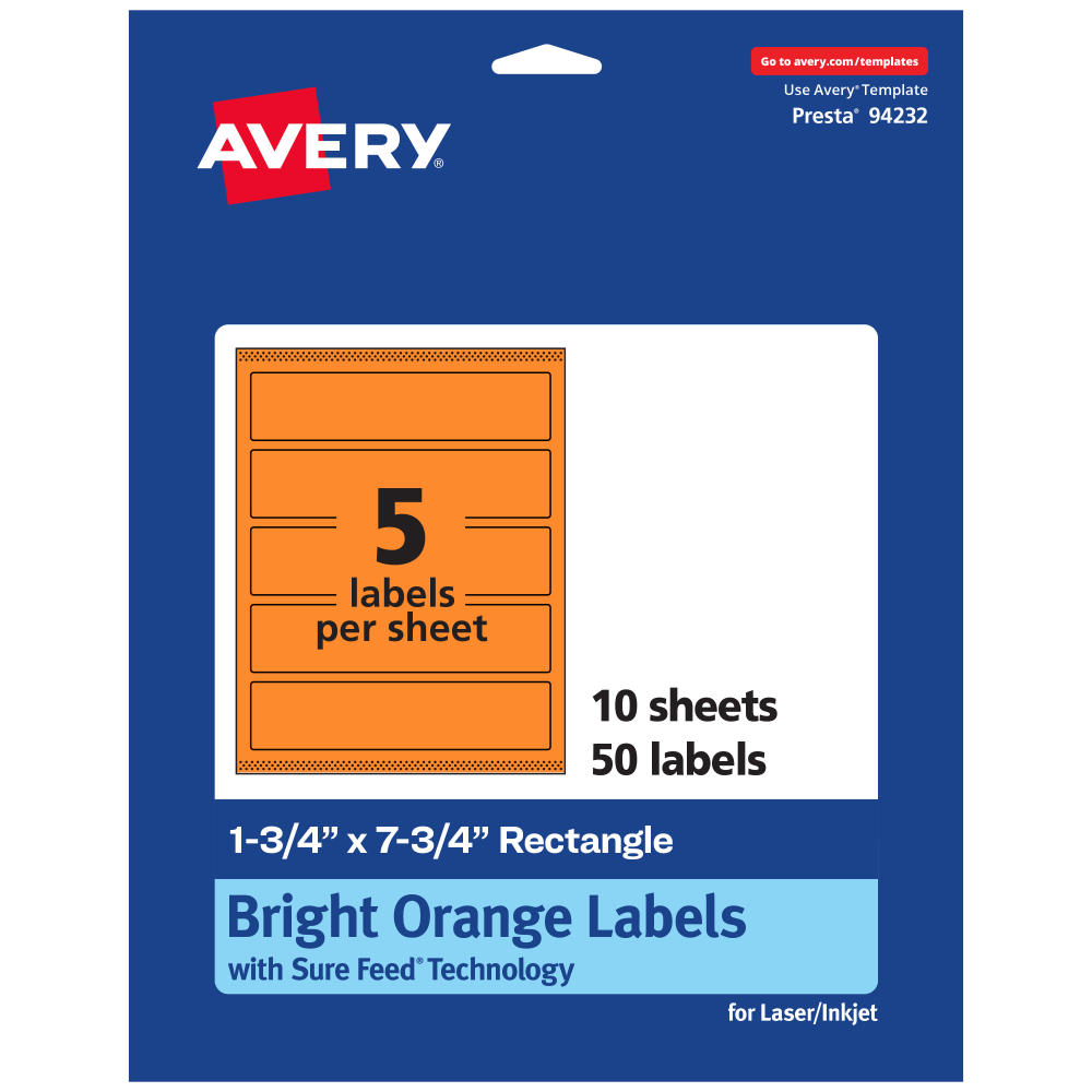 Avery Print-To-The-Edge Labels With Sure Feed Technology, 94232-BOP10, Rectangle, 1-3/4in x 7-3/4in, Matte Bright Orange, Pack of 50