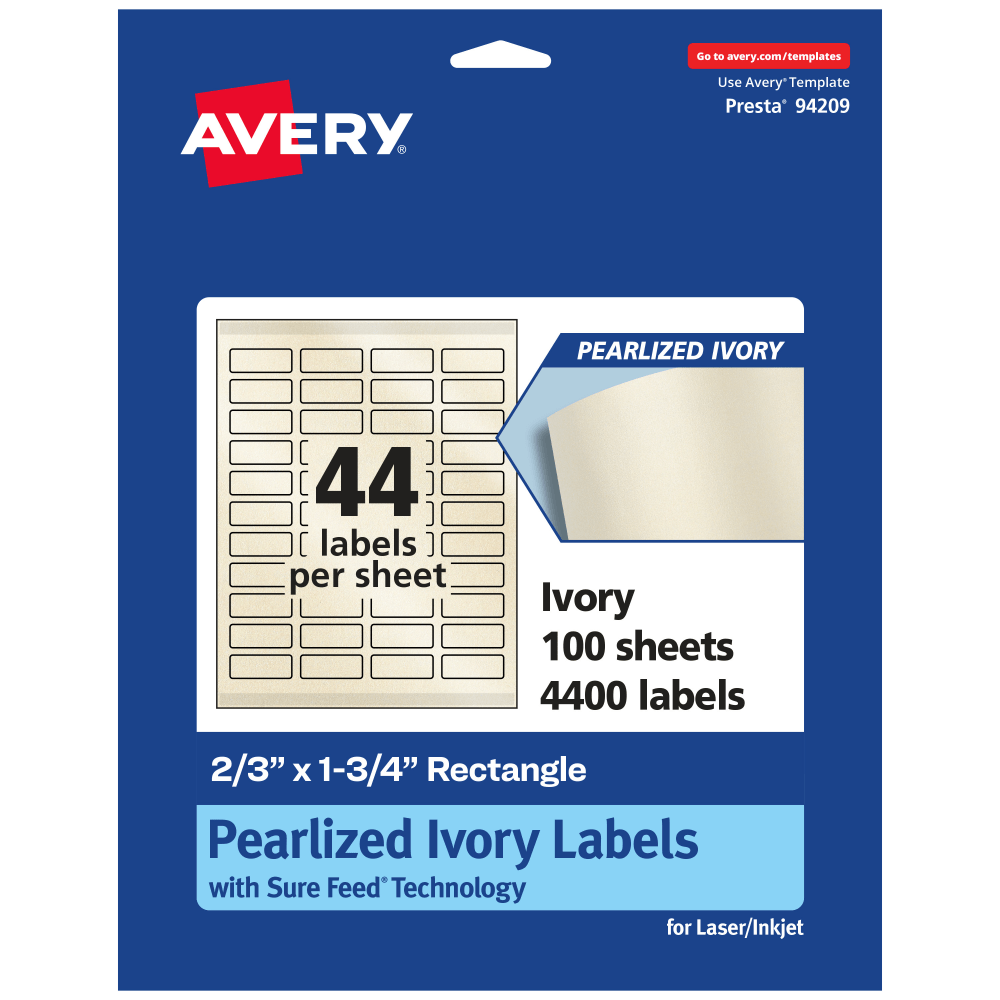 Avery Pearlized Permanent Labels With Sure Feed, 94209-PIP100, Rectangle, 2/3in x 1-3/4in, Ivory, Pack Of 4,400 Labels