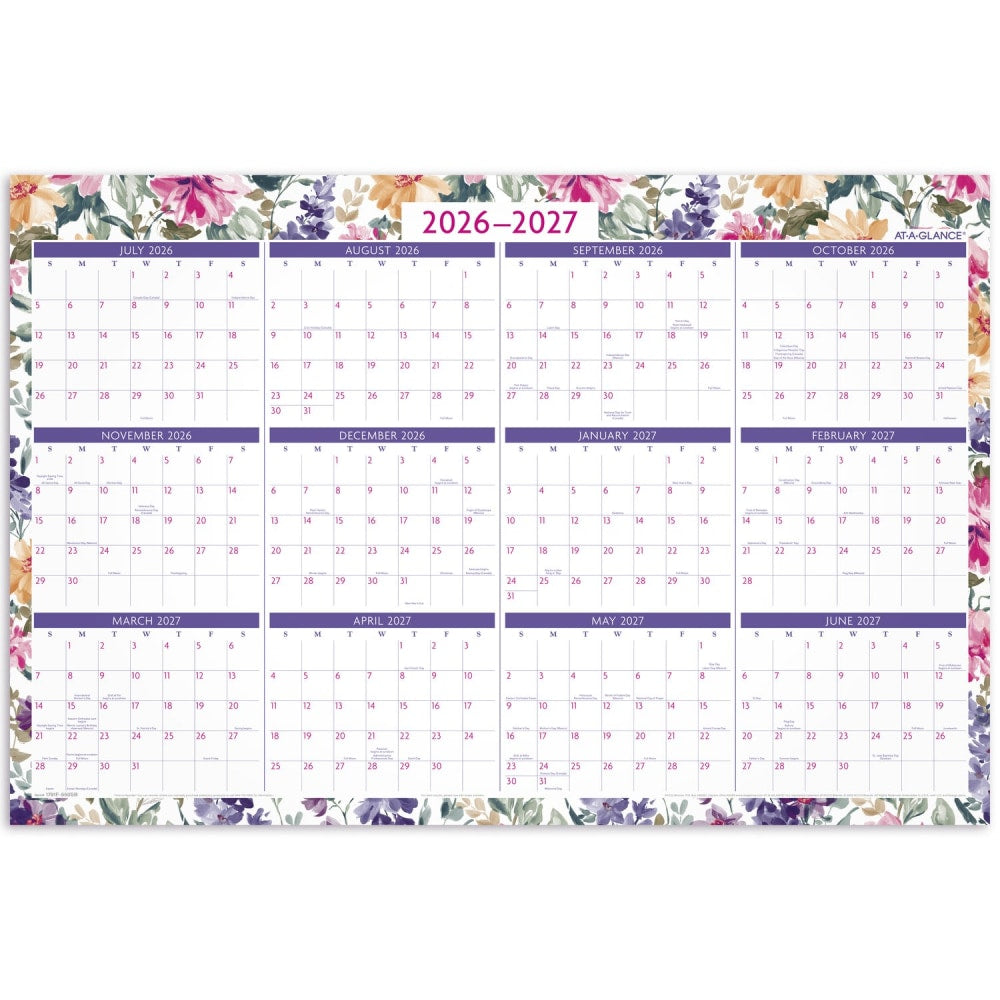 AT-A-GLANCE BADGE Reversible Erasable Academic and Regular Year 2026-2027 Wall Calendar, Floral, Large, 24in x 36in