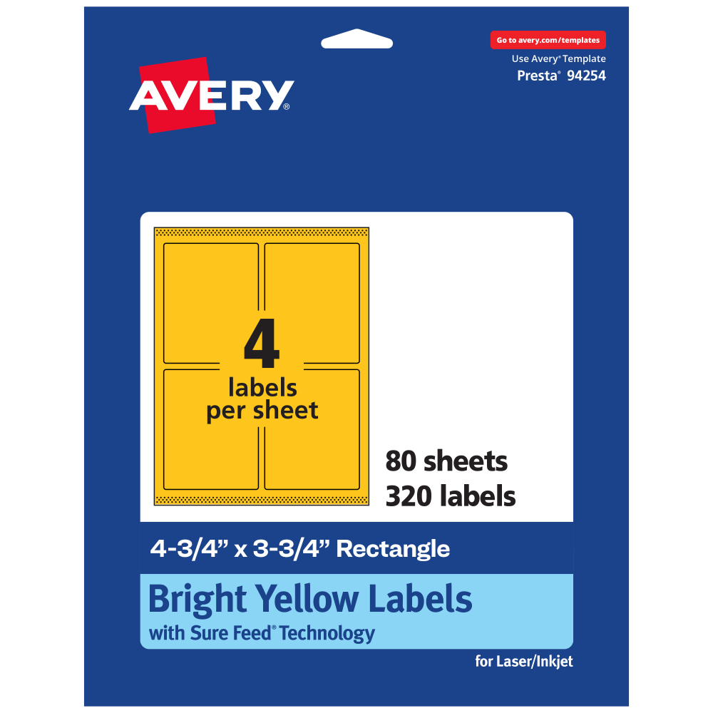 Avery Print-To-The-Edge Labels With Sure Feed Technology And Easy Peel, 94254-BYP80, Rectangle, 4-3/4in x 3-3/4in, Matte Bright Yellow, Pack of 320