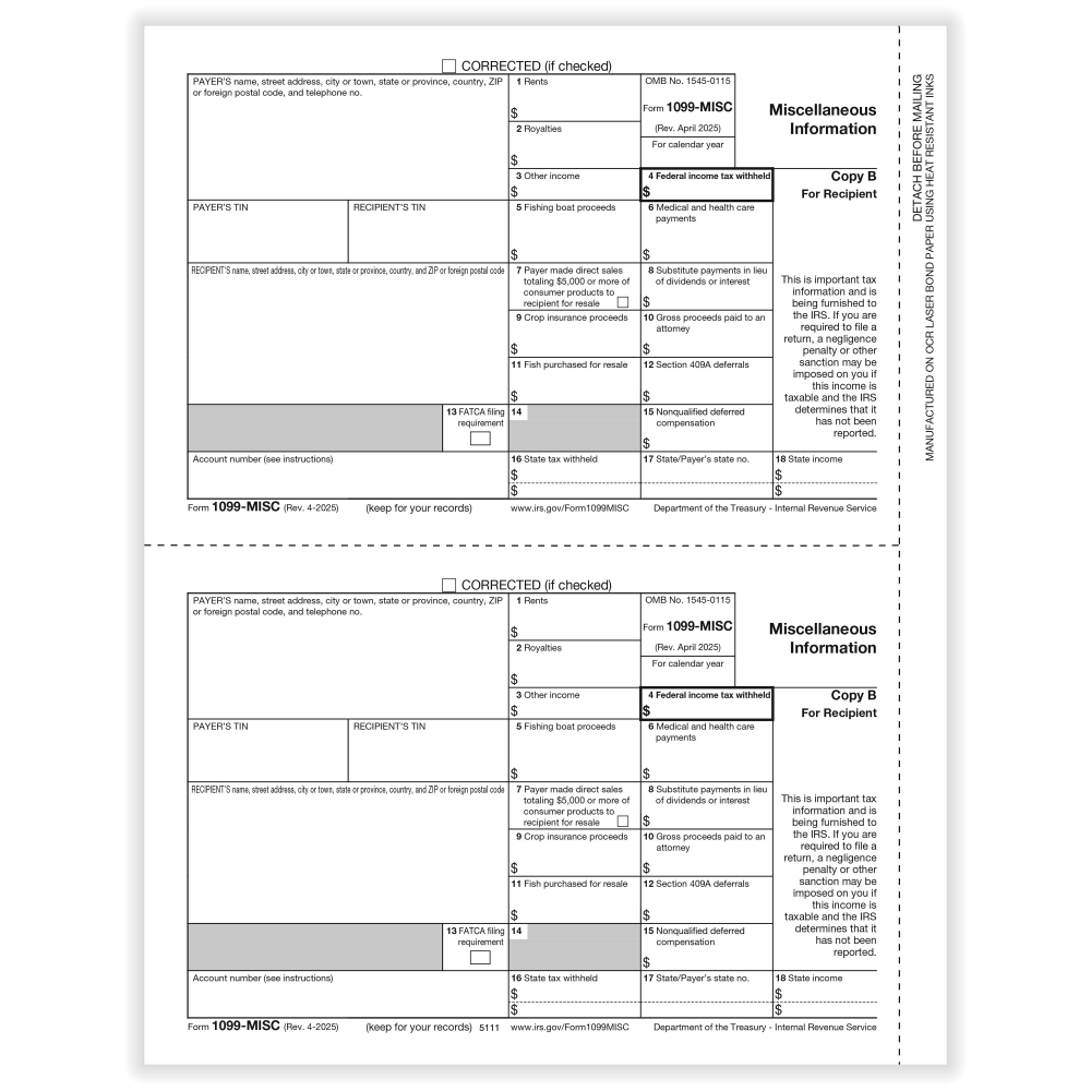ComplyRight 1099-MISC Tax Forms, Recipient Copy B, 2-Up, 8-1/2in x 11in, Pack Of 50 Forms, 51112525