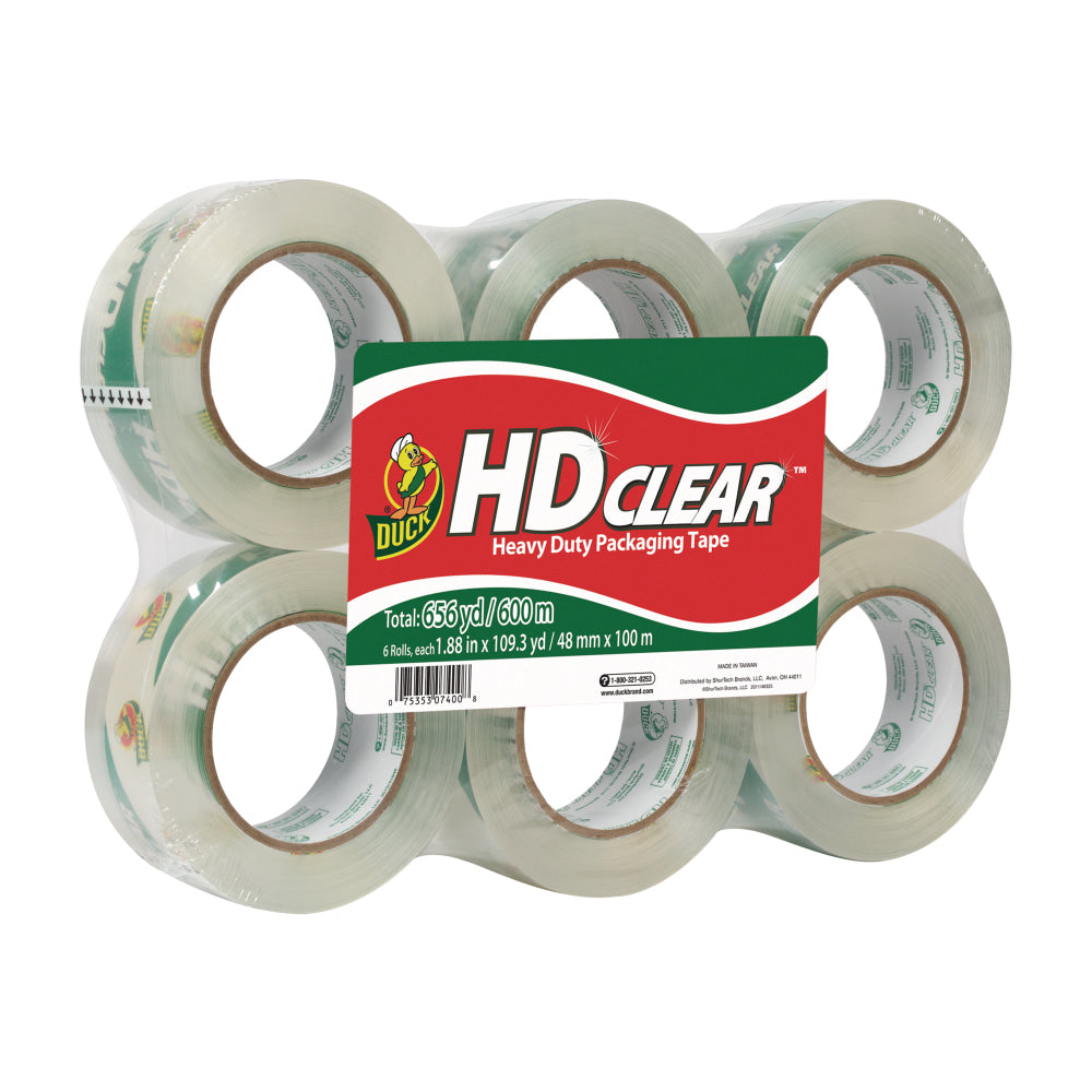 Duck HD Clear Heavy-Duty Packaging Tape, 1-7/8in x 109.4 Yd., Crystal Clear, Pack Of 6 Rolls