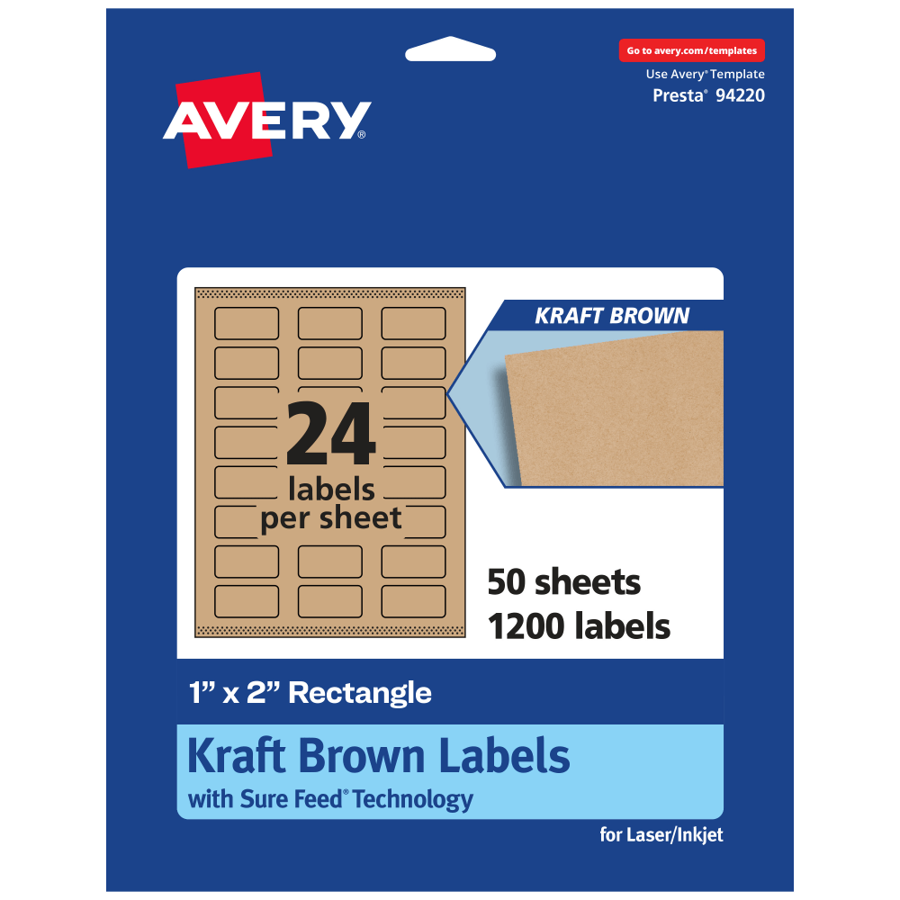 Avery Kraft Permanent Labels With Sure Feed, 94220-KMP50, Rectangle, 1in x 2in, Brown, Pack Of 1,200