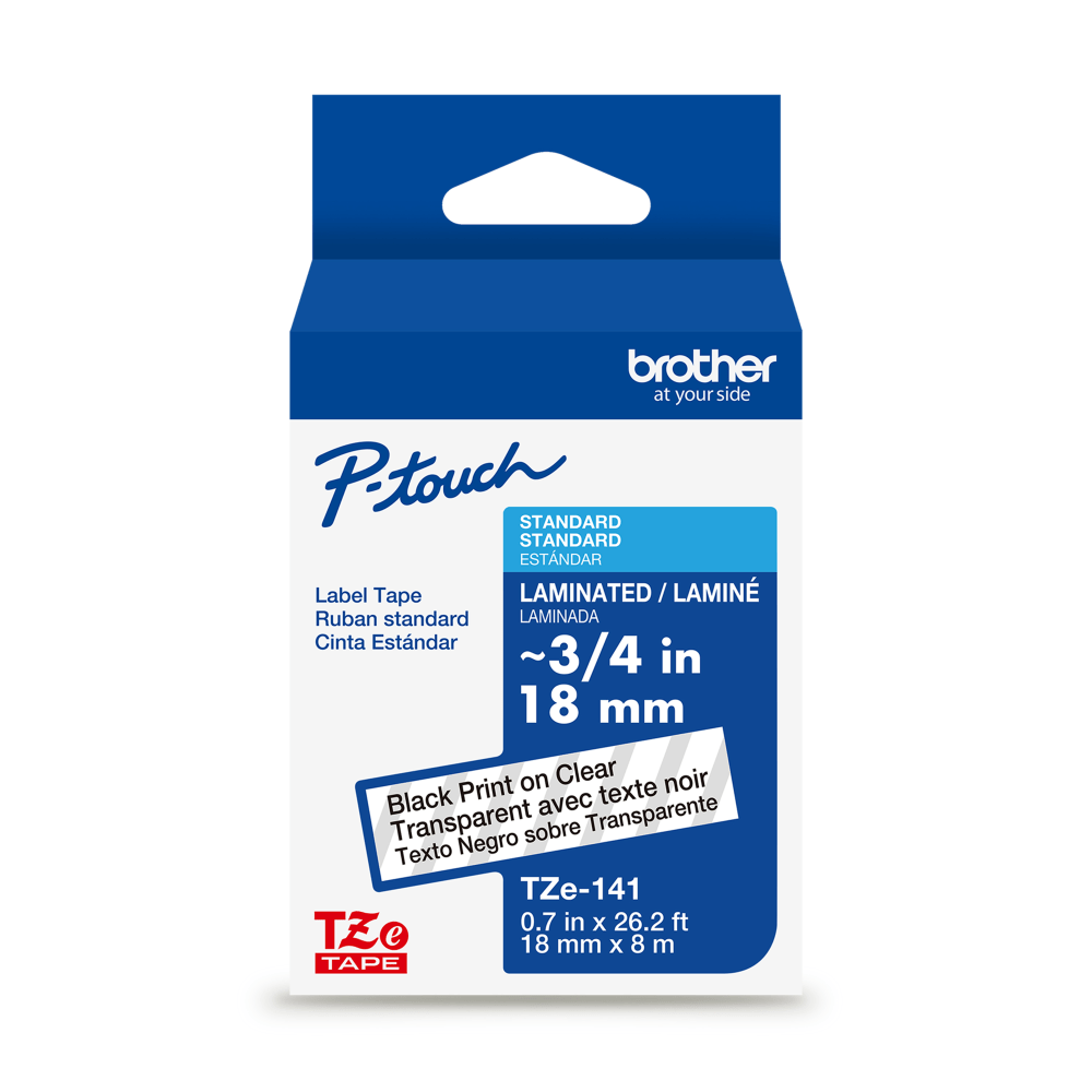 Brother P-touch TZe141, Laminated, ~3/4in x 26.2 ft (18mm x 8m), Black on Clear Label Tape