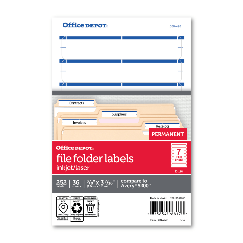 Office Depot Brand Print-Or-Write Color Permanent File Folder Labels, OD98817, Rectangle, 5/8in x 3 1/2in, Dark Blue, Pack Of 252