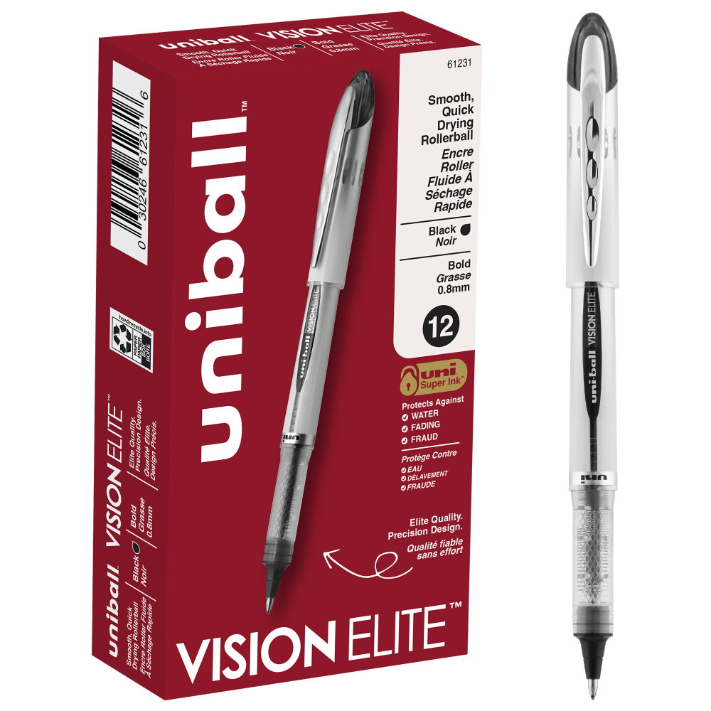 uni-ball Vision Elite Liquid Ink Rollerball Pens, Bold Point, 0.8 mm, White Barrel, Black Ink, Pack Of 12