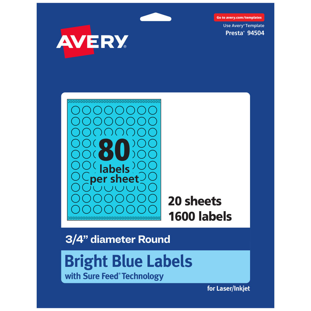 Avery Print-To-The-Edge Labels With Sure Feed Technology And Easy Peel Label Feature, 94504-BBP20, Round, 3/4in, Matte Bright Blue, Pack of 1600