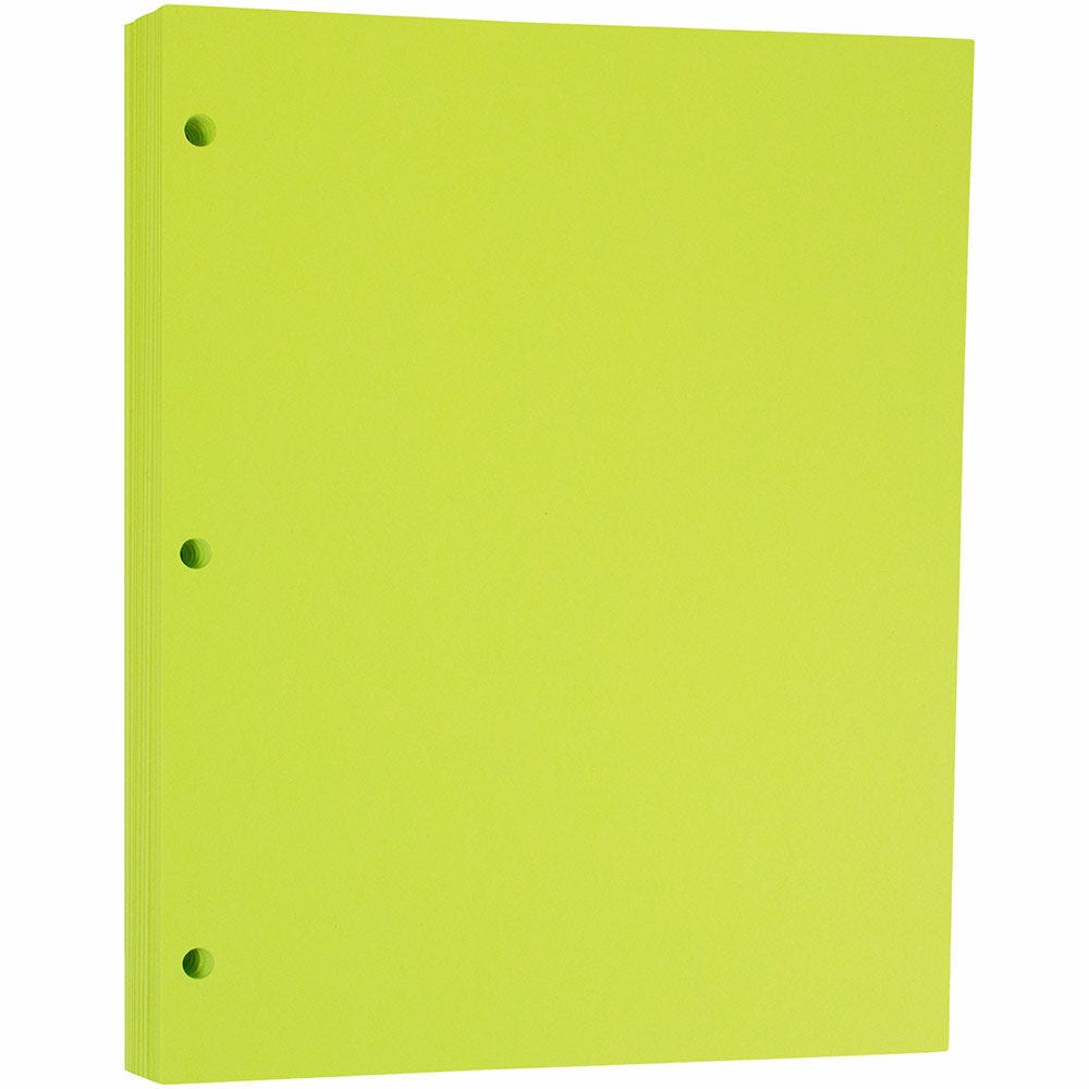 JAM Paper 3-Hole Punched Paper, 8-1/2in x 11in, 24 Lb, Ultra Lime Green, Pack Of 100 Sheets