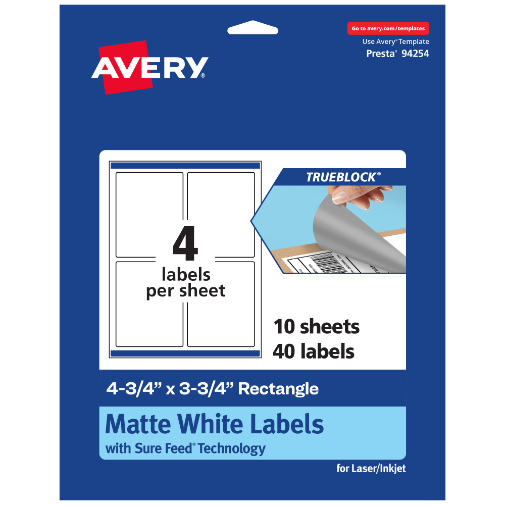 Avery Print-To-The-Edge TrueBlock Labels With Sure Feed, 94254-TWMP10, Rectangle, 4-3/4in x 3-3/4in, Matte White, Pack Of 40