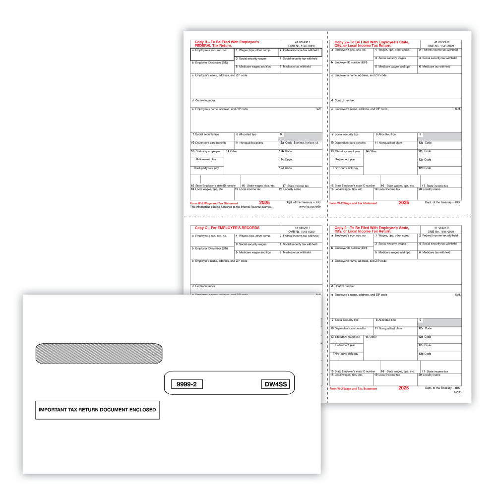 ComplyRight W-2 Tax Form Set, Employee Copies Only, 4-Part, Copies B, C, 2, 2, 4-Up (Box), 8-1/2in x 11in, Pack Of 50 Forms and Envelopes, 5205E25
