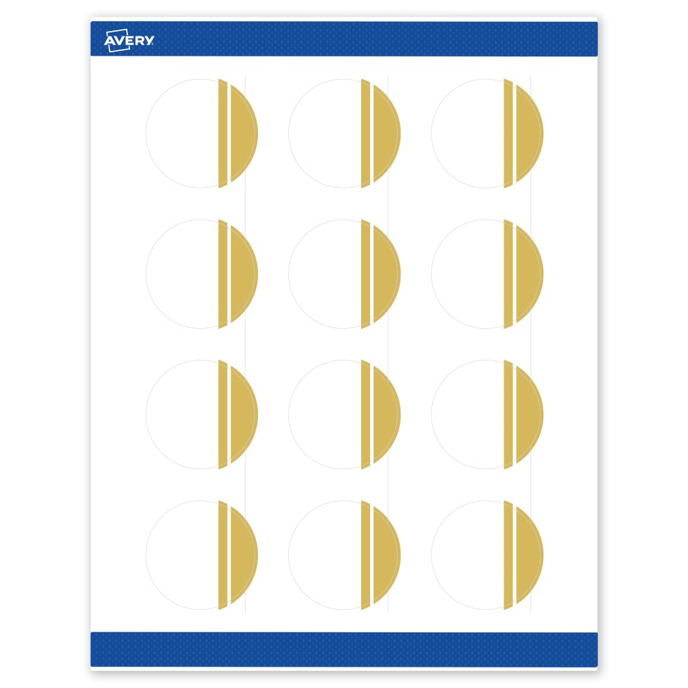 Avery Print-To-The-Edge Labels & Sure Feed, S00-D21-PRWMP10, 2in Round, Matte White, Preprinted Double Dipped Gold Edge Design, Pack Of 120