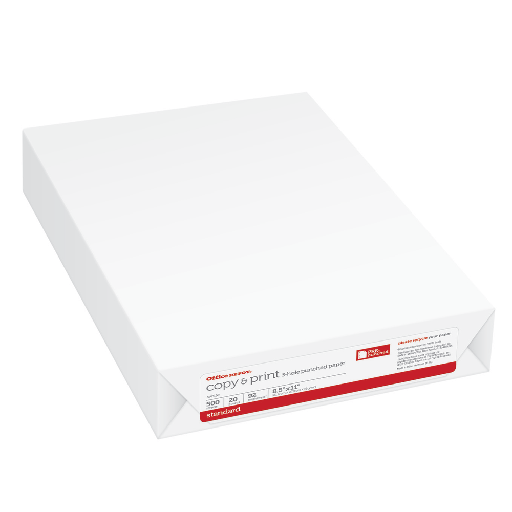 Office Depot 3-Hole Punched Multi-Use Printer & Copy Paper, 1 Ream, White, Letter (8.5in x 11in), 500 Sheets Per Ream, 20 Lb, 92 Brightness