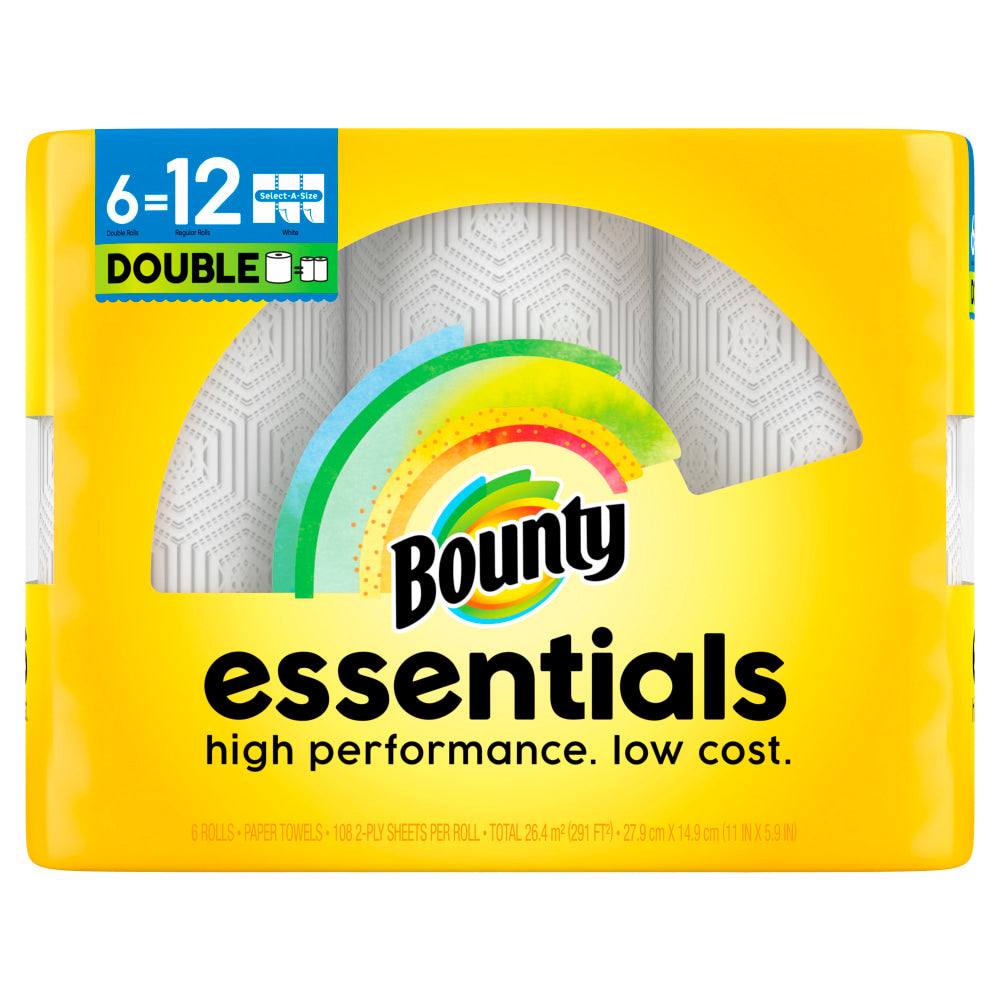 Bounty Essentials Select-A-Size Paper Towels, 6 Double Rolls Total/108 Sheets Per Roll, White