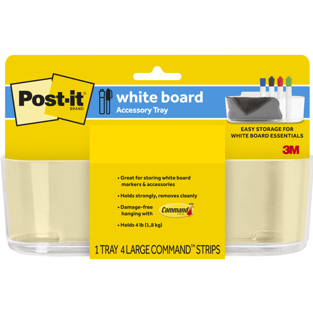 Post-it Dry Erase Accessory Tray, 8-5/8in x 3-1/8in x 2-15/16in, 1 Accessory Tray, 4 Adhesive Strips, Clear