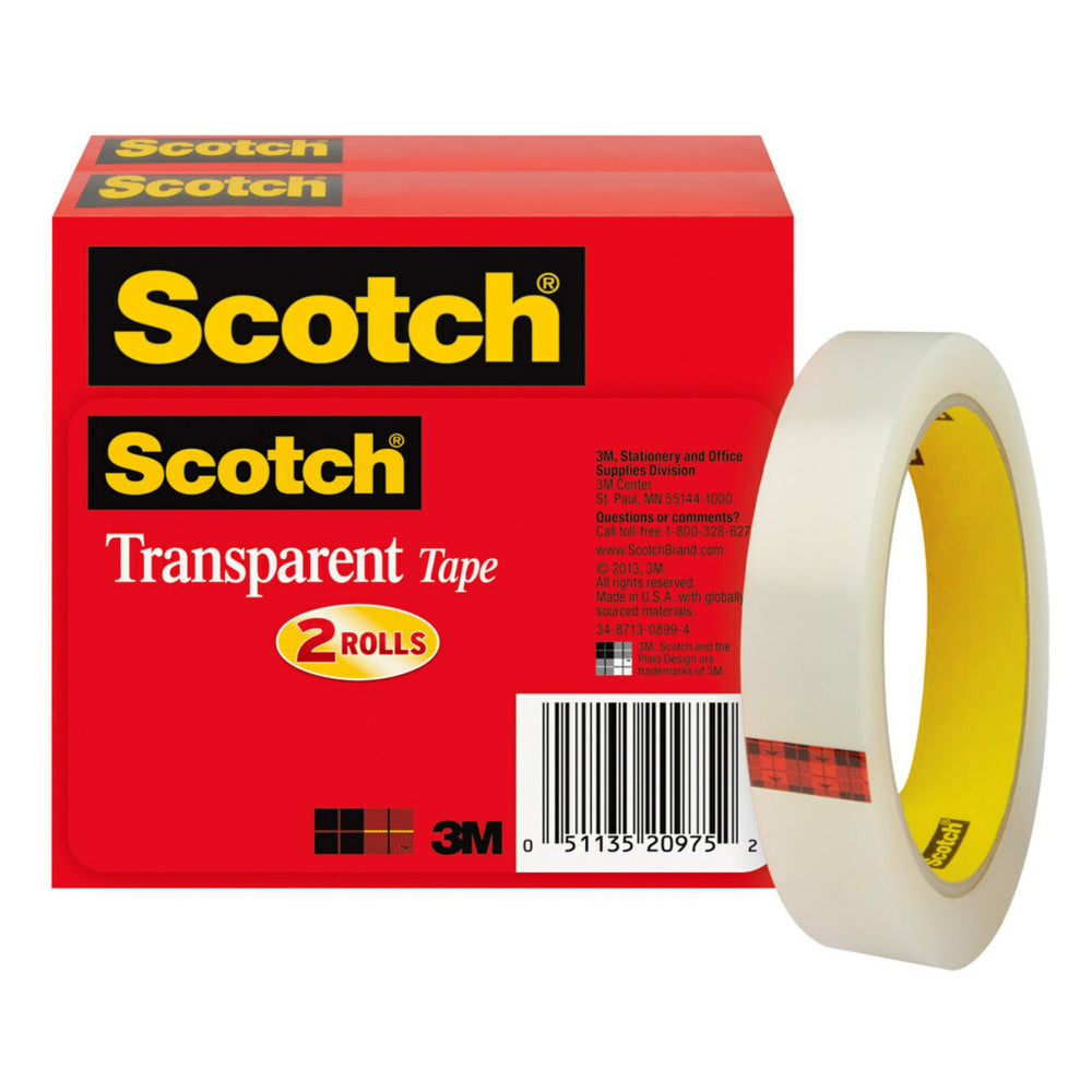Scotch Transparent Tape, 2 Tape Rolls, 3/4 in x 2592 in, Home Office Supplies and School Supplies for College and Classrooms