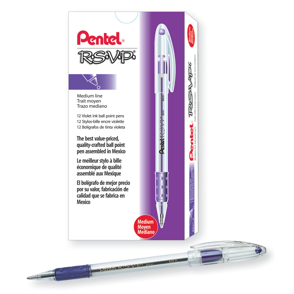 Pentel R.S.V.P. Ballpoint Pens, Medium Point, 1.0 mm, Clear Barrel, Violet Ink, Pack Of 12