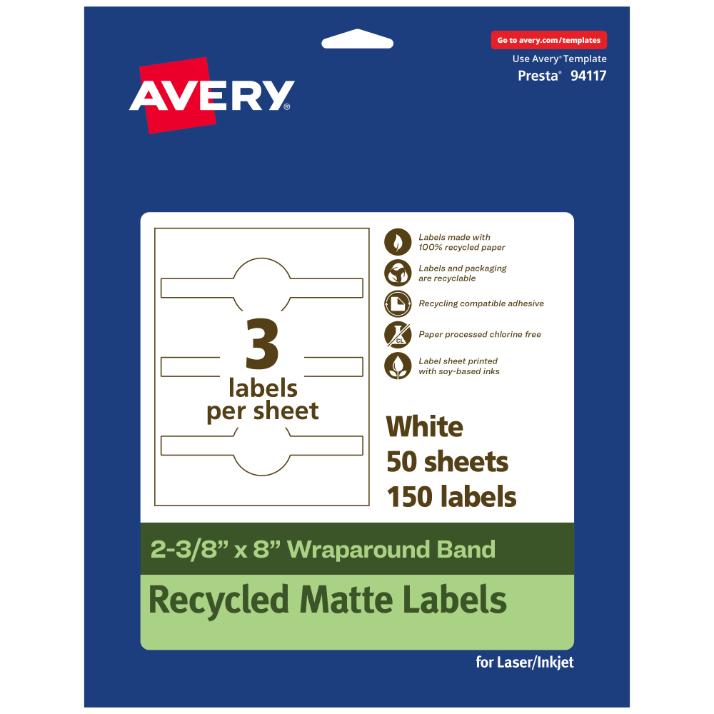 Avery Recycled Paper Labels, 94117-EWMP50, Cigar, 2-3/8in x 8in, White, Pack Of 150