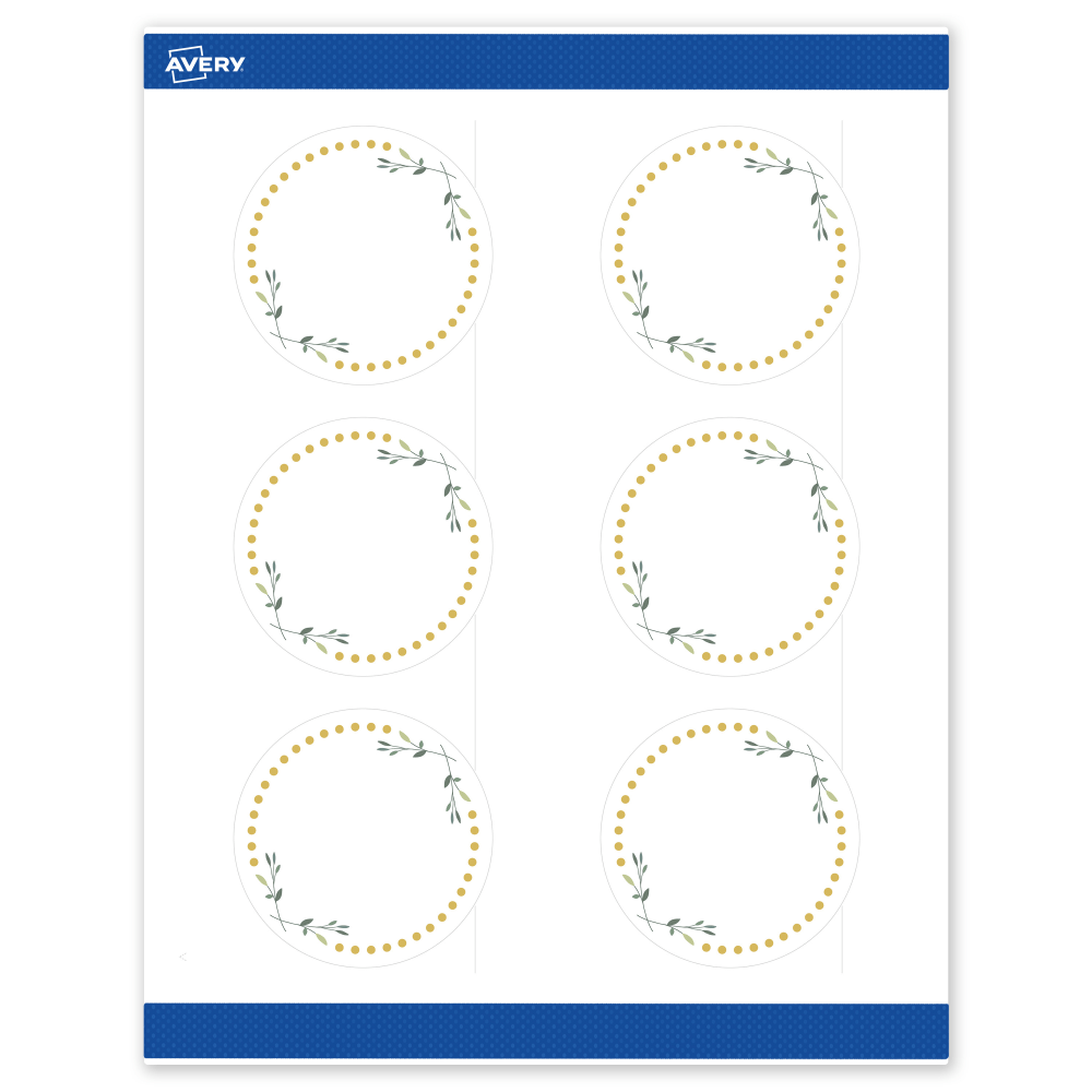 Avery Print-To-The-Edge Labels & Sure Feed, S00-DN4-PRWMP10, 3in Round, Matte White, Preprinted Green Floral & Gold Dots Design, Pack Of 60