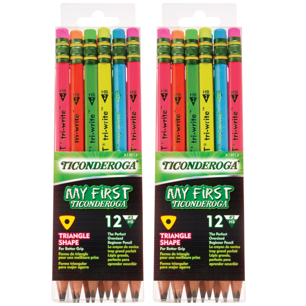 Ticonderoga My First Tri-Write Wood-Case Pencils, No. 2/Soft, Assorted Neon Colors, 12 Pencils Per Pack, Set Of 2 Packs