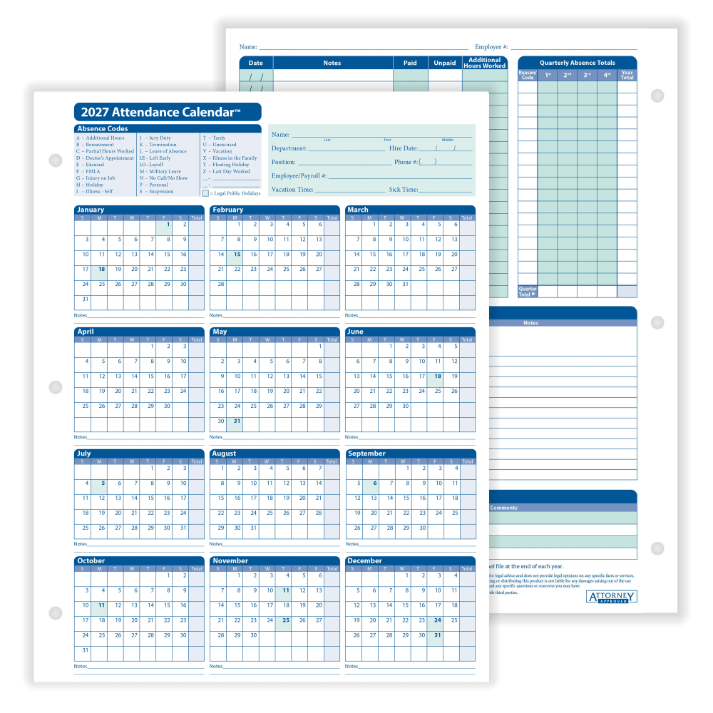 ComplyRight 2027 Attendance Calendar Cards, 8 1/2in x 11in, White, Pack Of 25