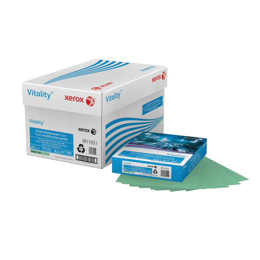 Xerox Vitality Pastel Color Multi-Use Printer & Copy Paper, 10 Reams, Green, Letter Size, 5000 Sheets Per Case, 20 Lb, 30% Recycled - 3R11051-CT