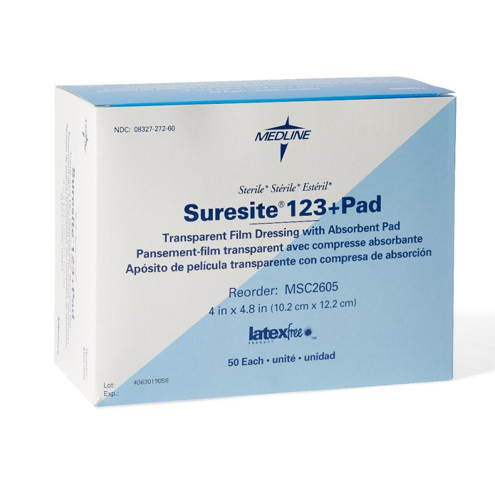 Medline Suresite 123+Pad Transparent Dressings, 4in x 4 13/16in, Clear, Pack Of 50