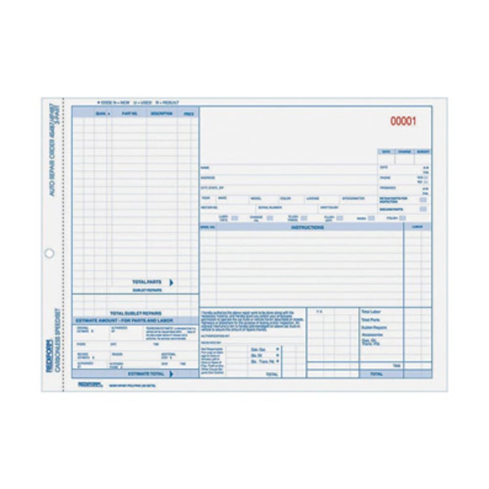 Rediform 3-part Auto Repair Order Forms - 3 Part - Carbonless Copy - 11in x 8.50in Sheet Size - Assorted Sheet(s) - Blue Print Color - 1 Pack