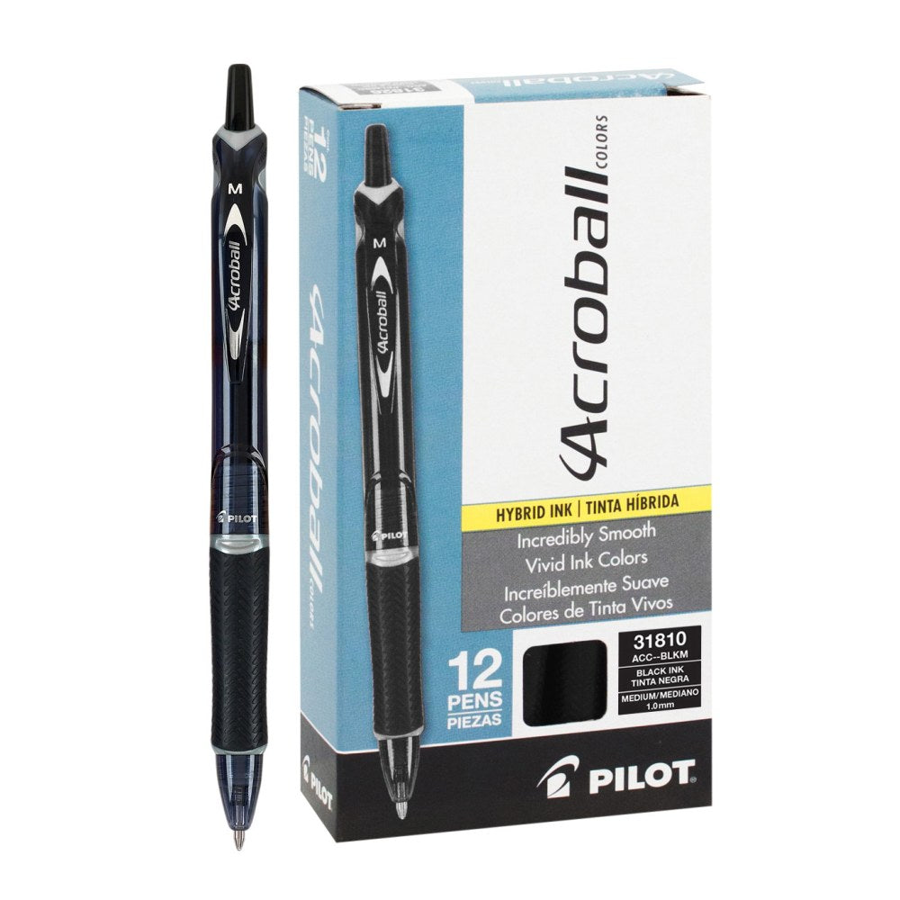 Pilot Acroball Colors Retractable Advanced Ink Pens, Medium Point, 1.0 mm, Black Barrel, Black Ink, Pack of 12 Pens