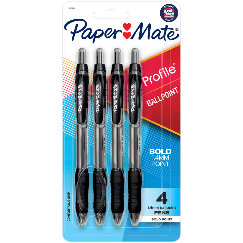 Paper Mate Profile Retractable Ballpoint Pens, Bold Point, 1.4 mm, Translucent Barrel, Black Ink, Pack Of 4 Pens