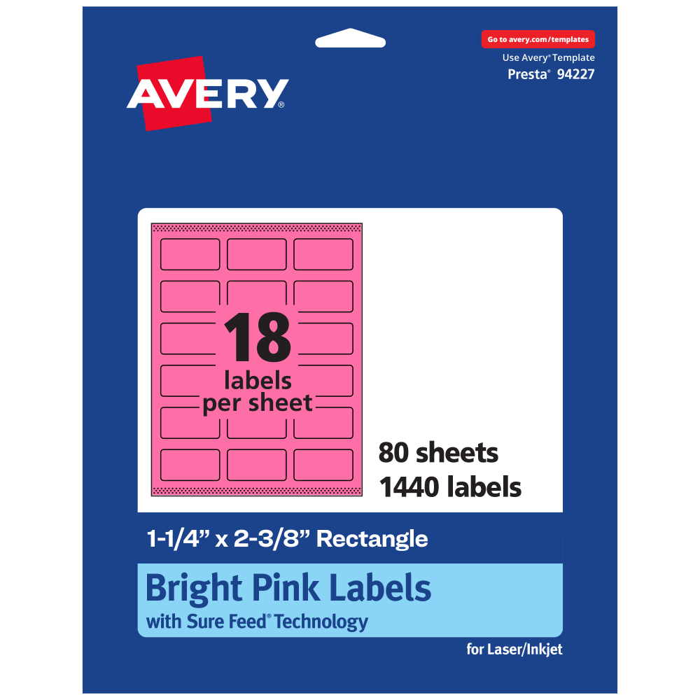 Avery Print-To-The-Edge Labels With Sure Feed Technology And Easy Peel, 94227-BPP80, Rectangle, 1-1/4in x 2-3/8in, Matte Bright Pink, Pack of 1440