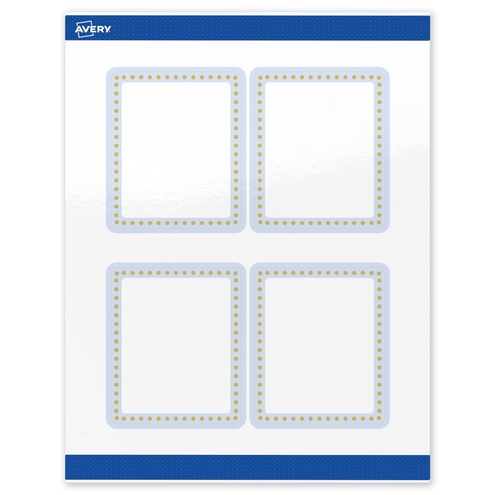Avery Print-To-The-Edge Labels & Sure Feed, S00-DMC-PRWGP10, 4in x 3-1/3in, Glossy White, Preprinted Blue Border & Gold Dots Design, Pack Of 40