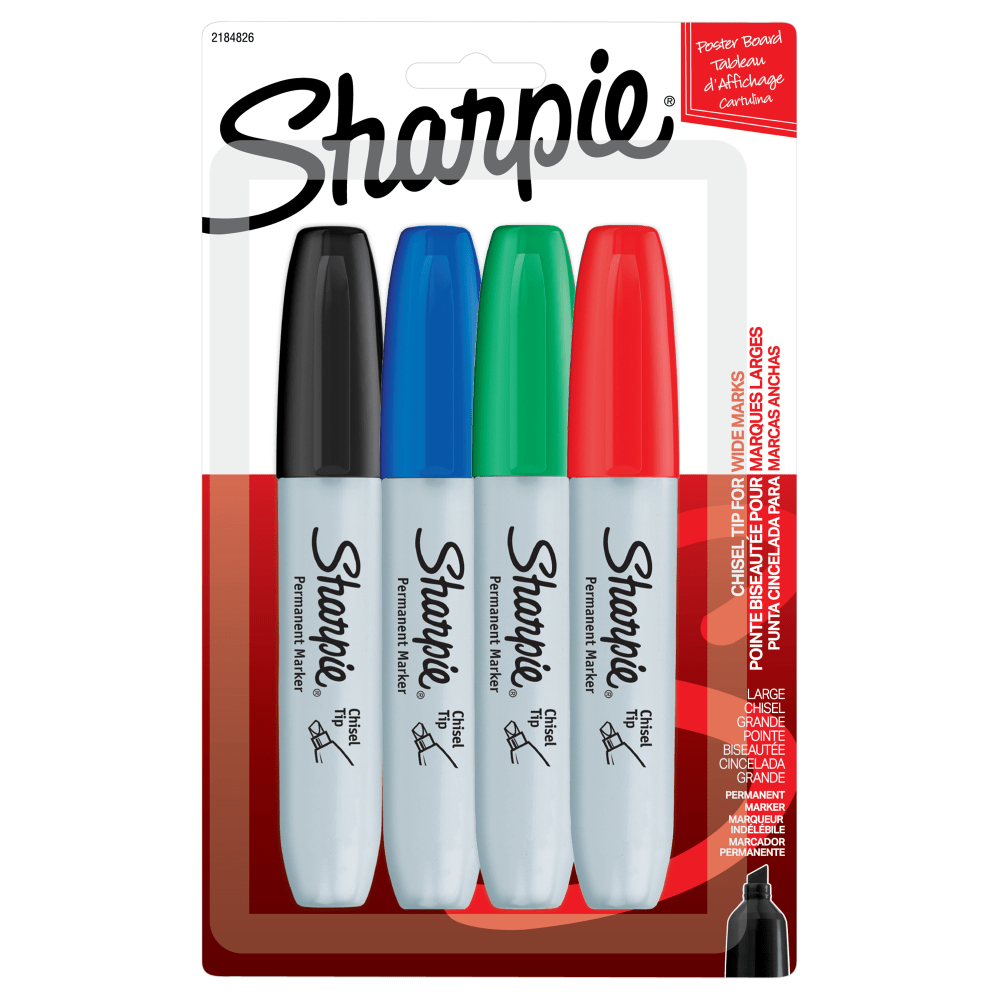 Sharpie Permanent Markers, Chisel Tip, Assorted Ink Colors, Pack Of 4 Markers