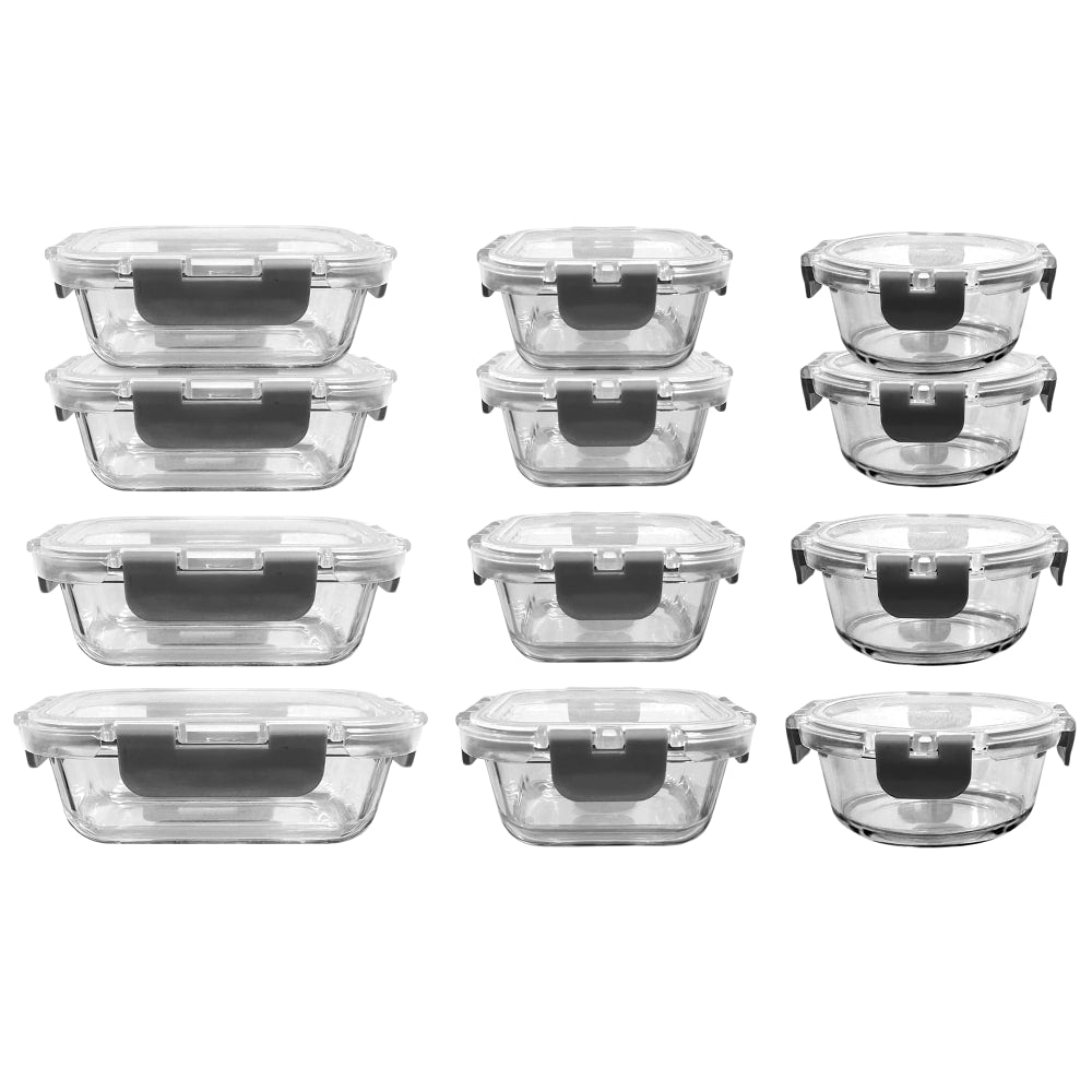 NutriChef Stackable Borosilicate Glass Food Storage Containers Set, 8inH x 16-1/4inW x 12inD, Clear, Set Of 24 Pieces