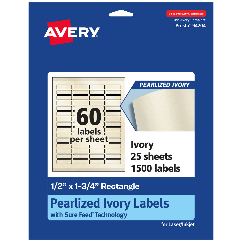 Avery Pearlized Permanent Labels With Sure Feed, 94204-PIP25, Rectangle, 1/2in x 1-3/4in, Ivory, Pack Of 1,500 Labels