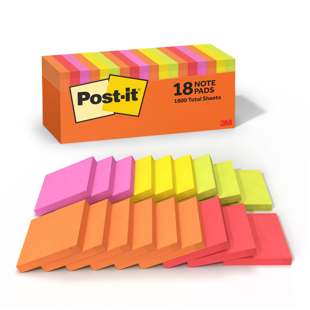 Post-it Notes, 3 x 3 in, 18 Sticky Note Pads, 100 Sheets/Pad, School Supplies and Office Products, Sunburst
