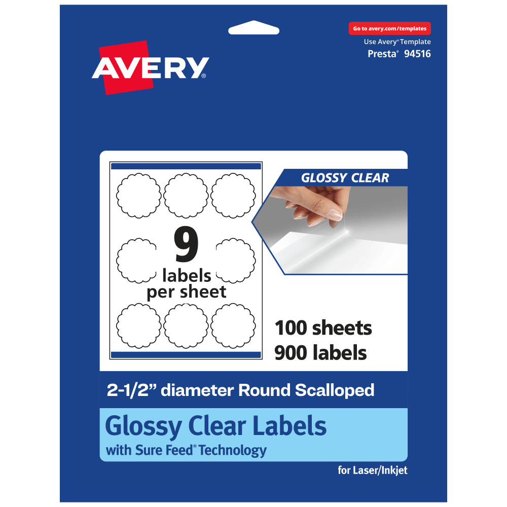 Avery Glossy Permanent Labels With Sure Feed, 94516-CGF100, Round Scalloped, 2-1/2in Diameter, Clear, Pack Of 900