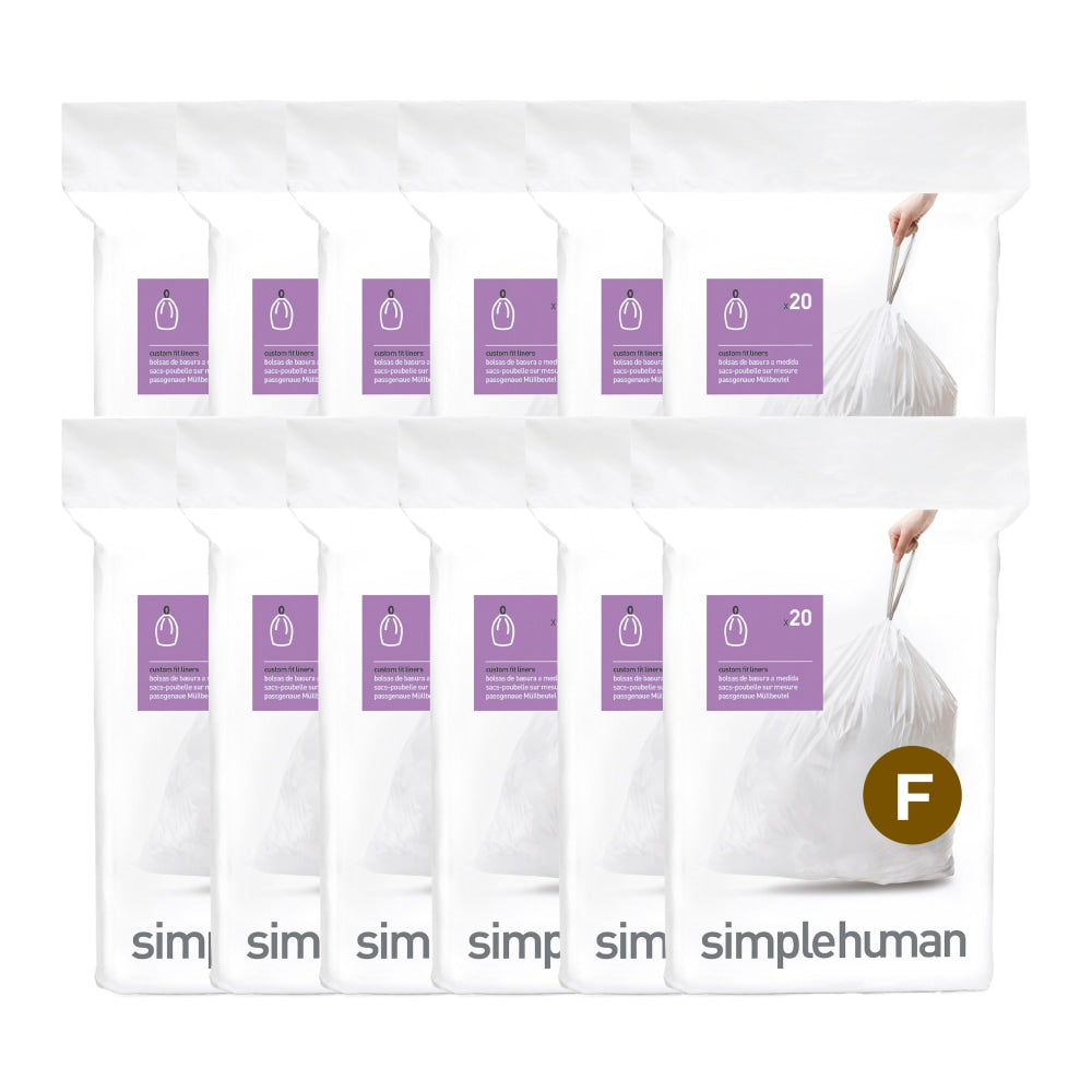 simplehuman Custom-Fit Trash Can Liners, Code F, 0.25-mil, 6.6 Gallons, 20in x 21in, White, Pack Of 240 Liners
