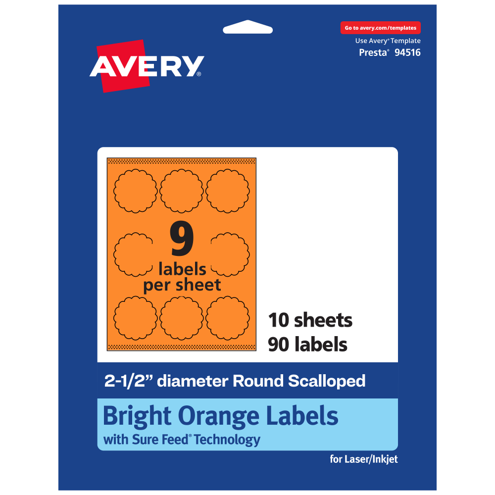 Avery Print-To-The-Edge Labels With Sure Feed Technology, 94516-BOP10, Round Scalloped, 2-1/2in, Matte Bright Orange, Pack of 90