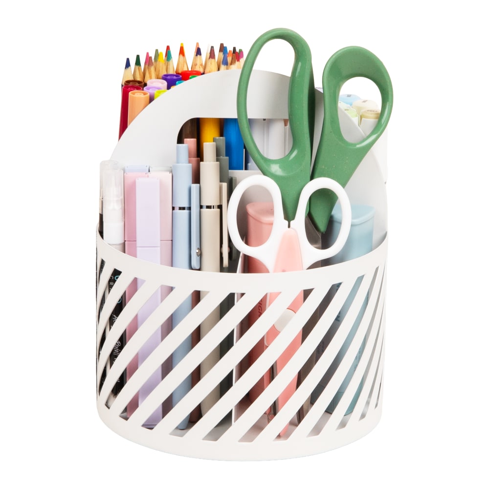 Mind Reader 4-Compartment Round Metal Desktop Carousel Organizer With Handle, 7-1/4inH x 6inW x 6inD, White, Total Qty 1