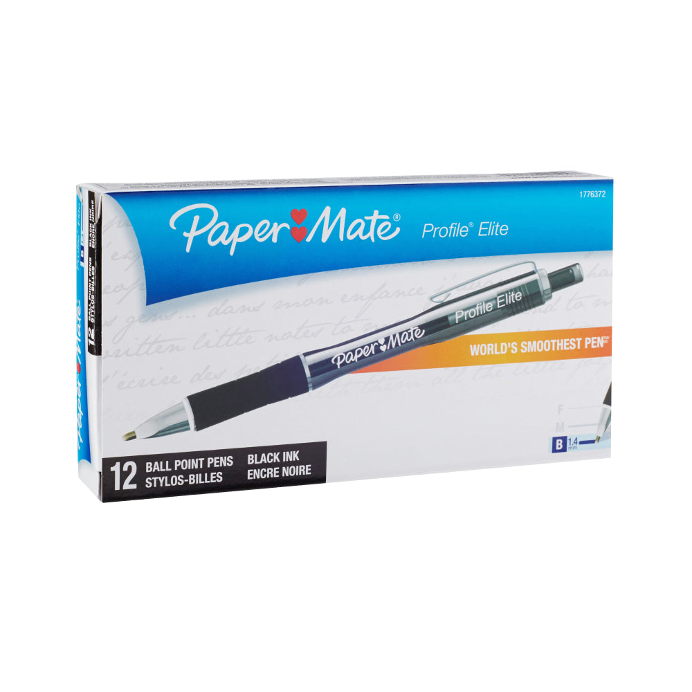 Paper Mate Profile Elite Retractable Ballpoint Pens, Bold Point, 1.4 mm, Black Barrel, Black Ink, Pack Of 12