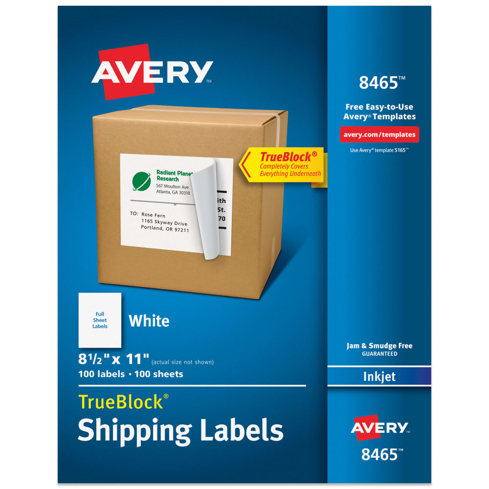 Avery TrueBlock Permanent Full-Sheet Labels, 8465, Inkjet, 8 1/2in x 11in, White, Box Of 100