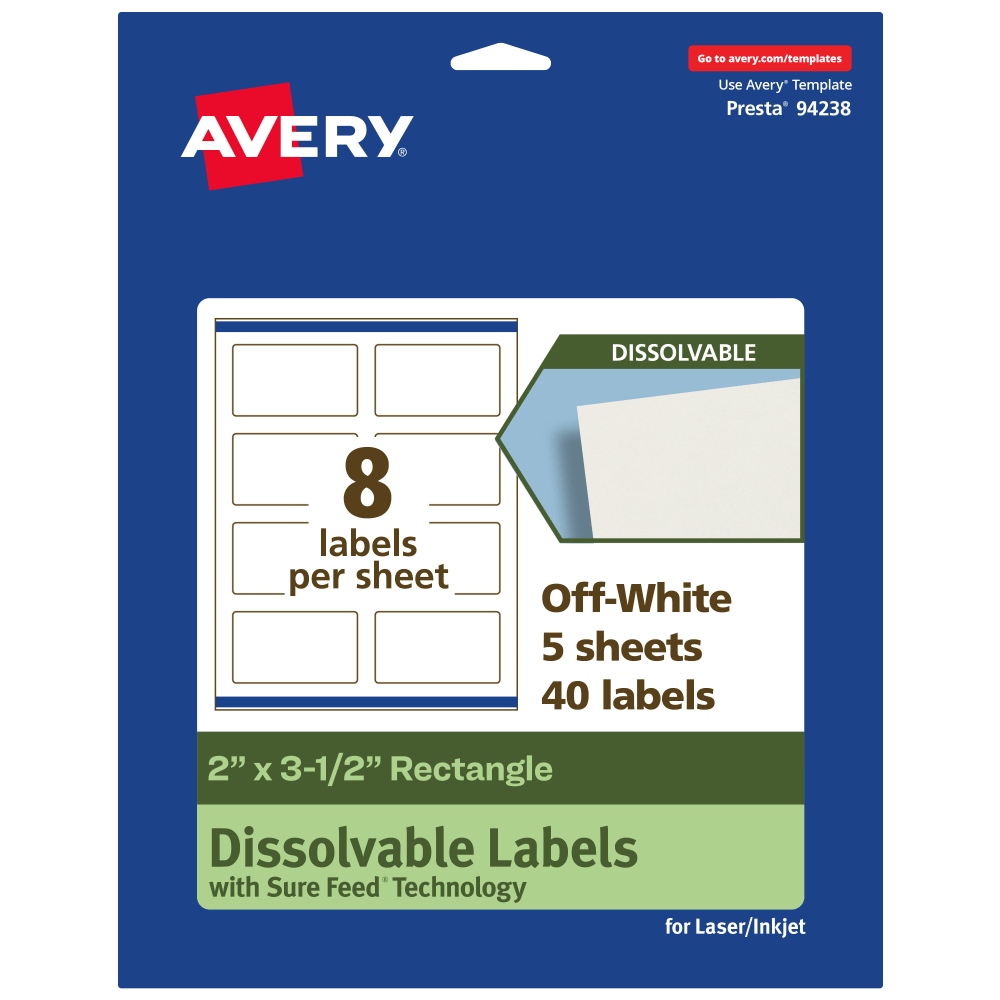 Avery Print-to-the-Edge Dissolvable Labels With Sure Feed Technology, 94238-DWMP5, Rectangle, 2inx3-1/2in, Matte Off-White, Pack Of 40
