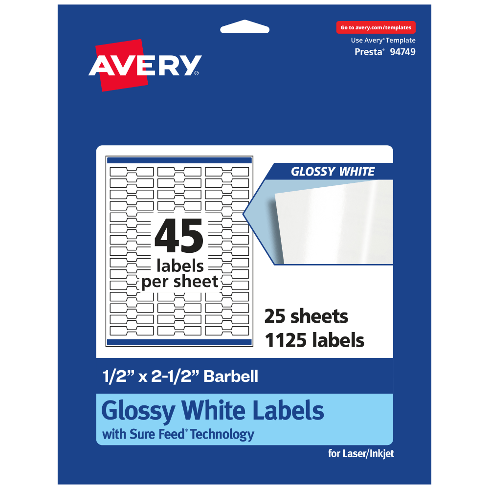 Avery Glossy Permanent Labels With Sure Feed, 94749-WGP25, Barbell, 1/2in x 2-1/2in, White, Pack Of 1,125